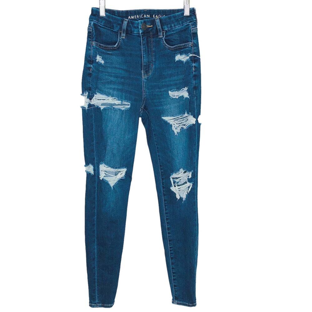 American Eagle NEXT Level Stretch Jean High Waisted Dark Wash Distressed Jeans